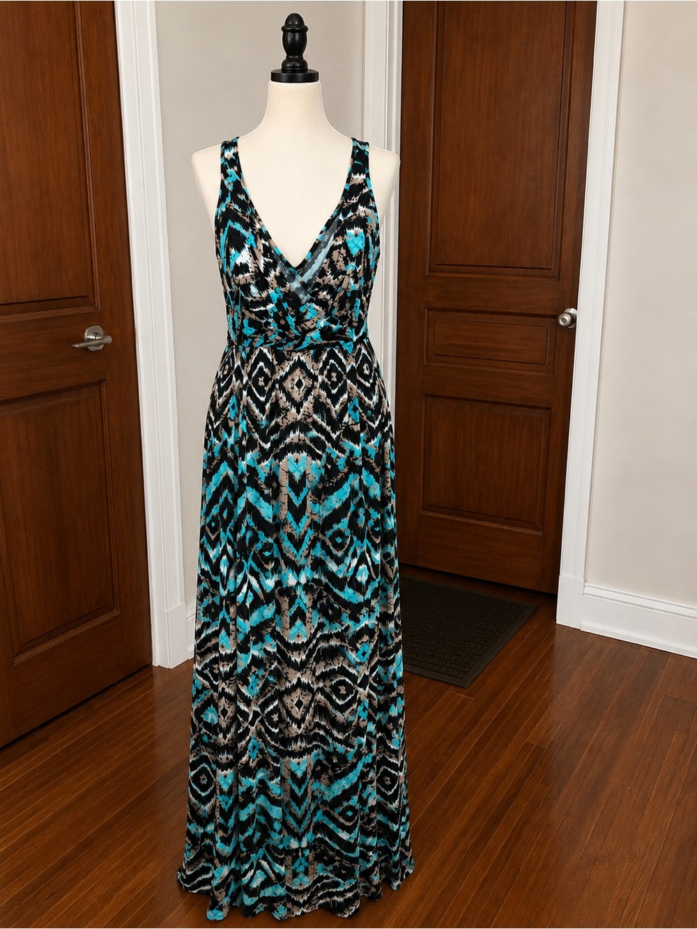 Chelsea & Theodore Teal, Black & Cream Geometric Maxi Dress